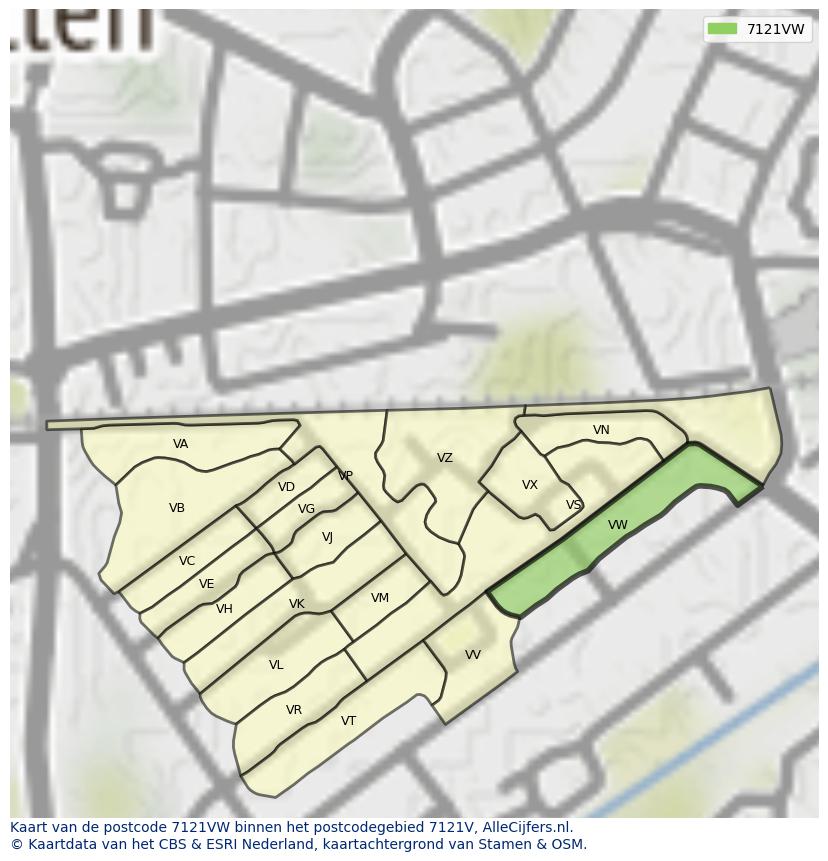 Afbeelding van het postcodegebied 7121 VW op de kaart.