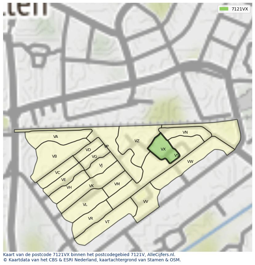 Afbeelding van het postcodegebied 7121 VX op de kaart.