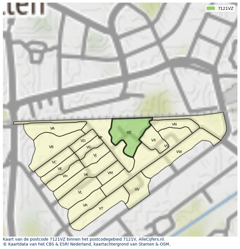 Afbeelding van het postcodegebied 7121 VZ op de kaart.