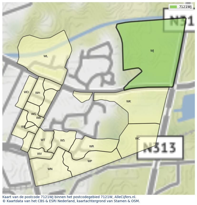 Afbeelding van het postcodegebied 7121 WJ op de kaart.