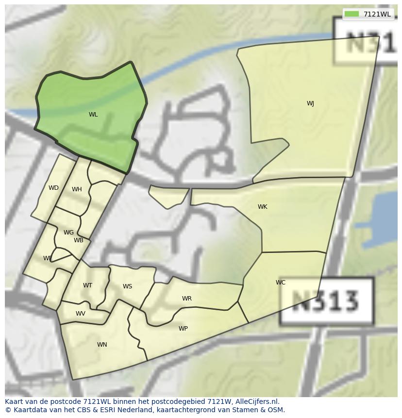 Afbeelding van het postcodegebied 7121 WL op de kaart.
