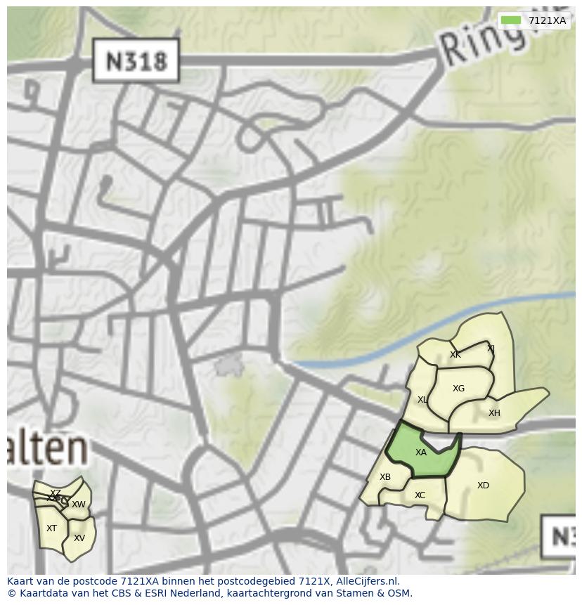 Afbeelding van het postcodegebied 7121 XA op de kaart.