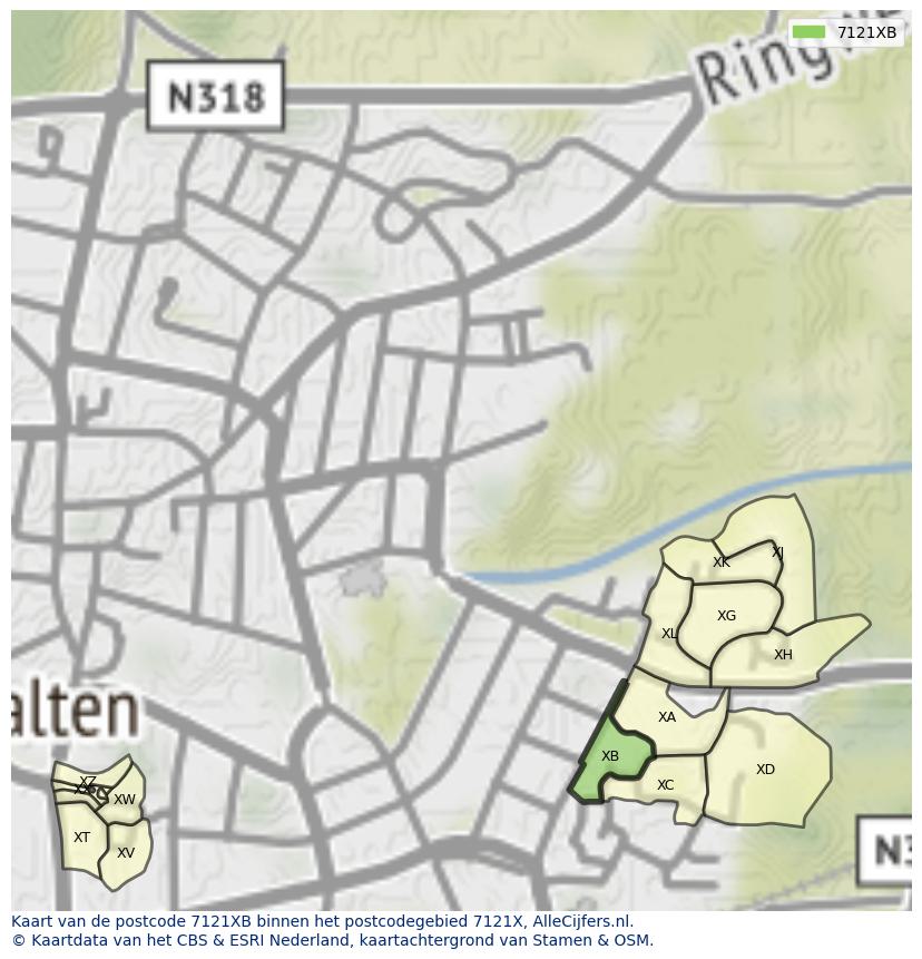 Afbeelding van het postcodegebied 7121 XB op de kaart.