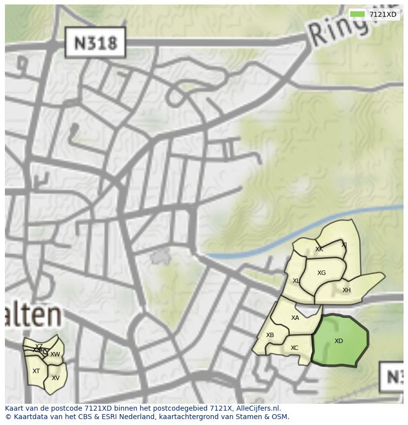 Afbeelding van het postcodegebied 7121 XD op de kaart.