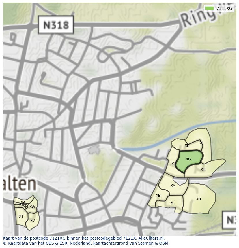 Afbeelding van het postcodegebied 7121 XG op de kaart.