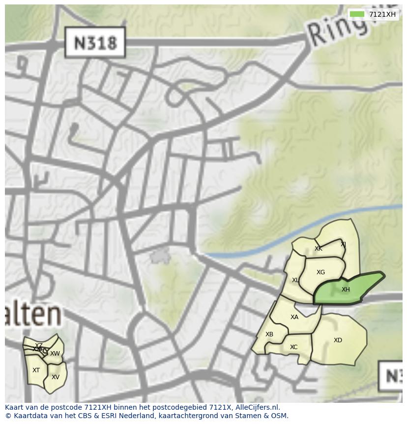 Afbeelding van het postcodegebied 7121 XH op de kaart.