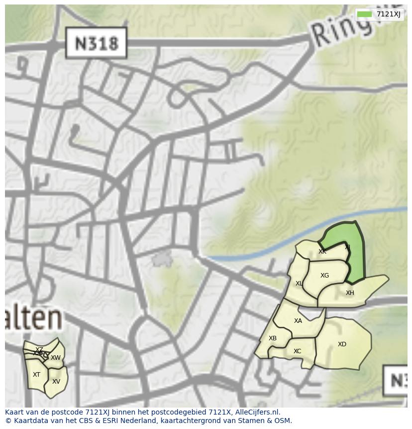 Afbeelding van het postcodegebied 7121 XJ op de kaart.