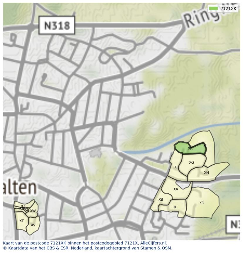 Afbeelding van het postcodegebied 7121 XK op de kaart.
