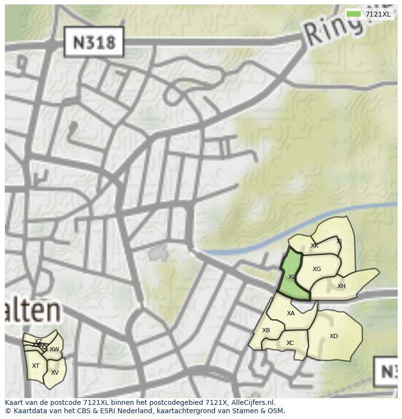 Afbeelding van het postcodegebied 7121 XL op de kaart.
