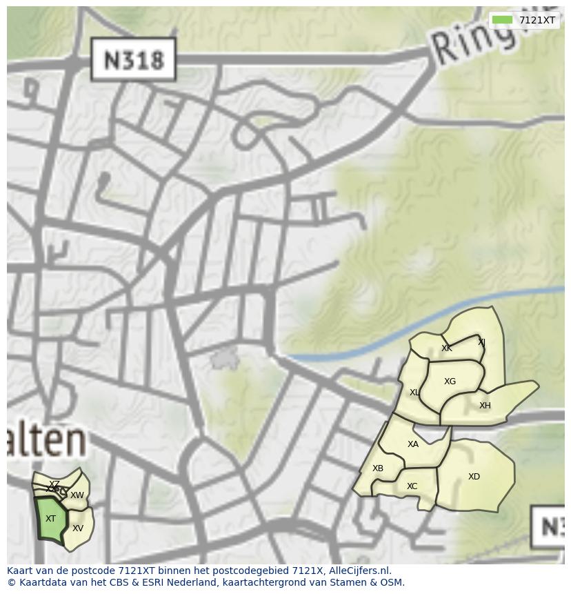 Afbeelding van het postcodegebied 7121 XT op de kaart.