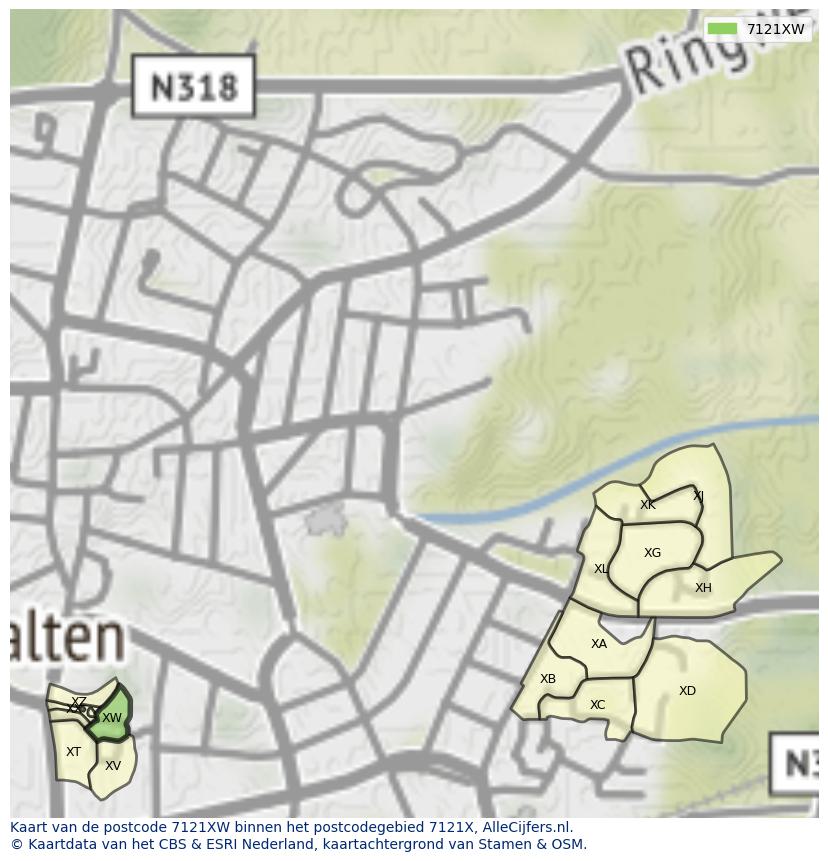 Afbeelding van het postcodegebied 7121 XW op de kaart.