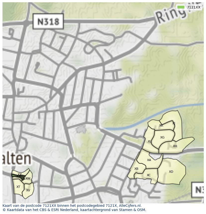 Afbeelding van het postcodegebied 7121 XX op de kaart.