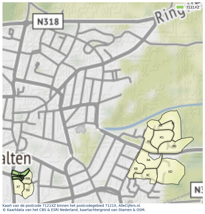 Afbeelding van het postcodegebied 7121 XZ op de kaart.