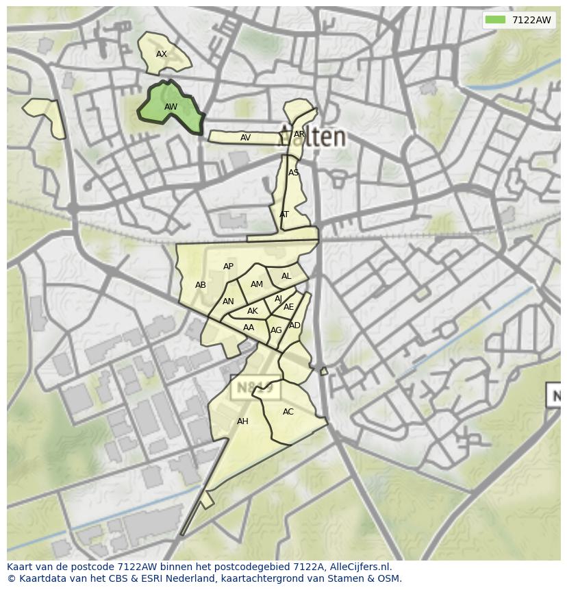 Afbeelding van het postcodegebied 7122 AW op de kaart.