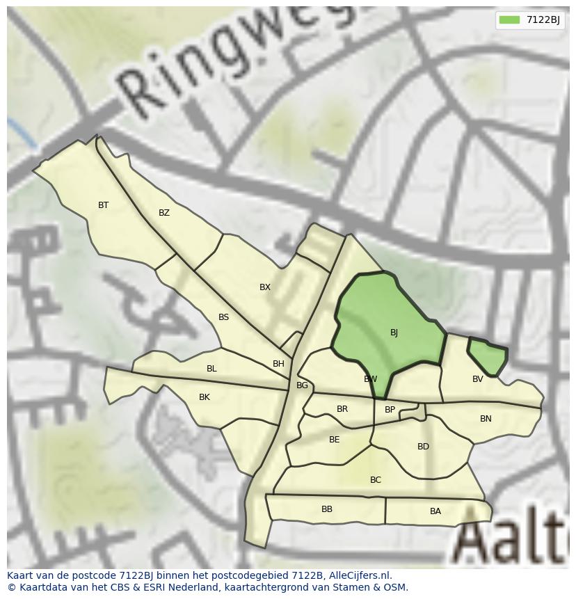 Afbeelding van het postcodegebied 7122 BJ op de kaart.