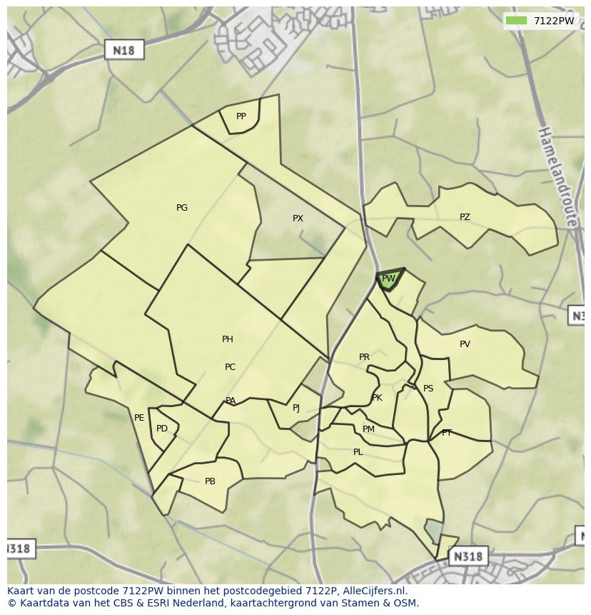 Afbeelding van het postcodegebied 7122 PW op de kaart.