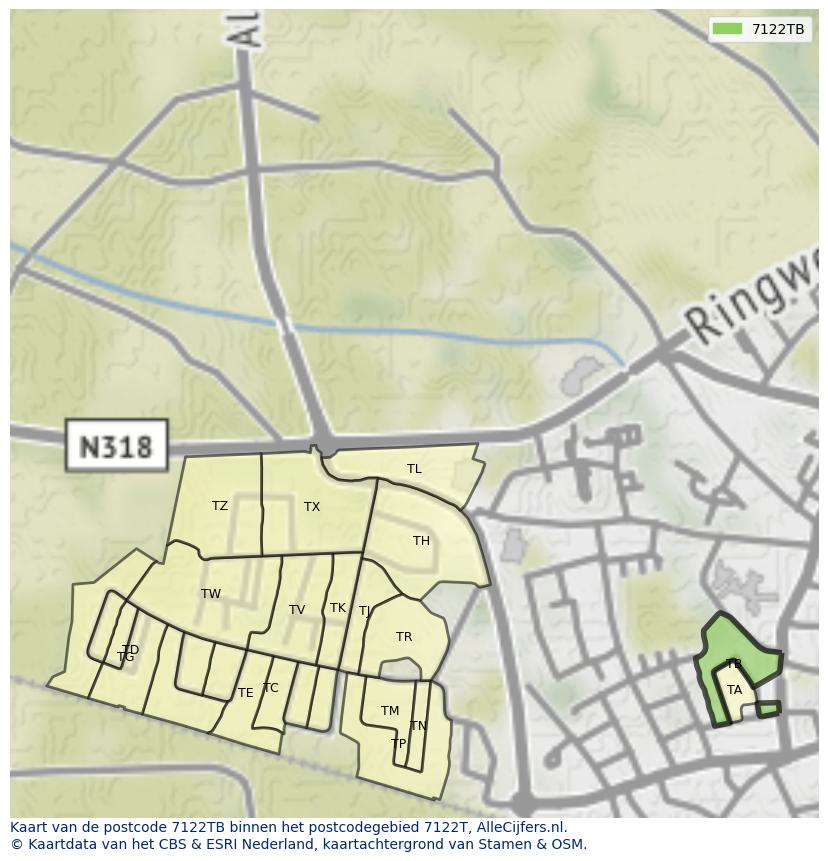 Afbeelding van het postcodegebied 7122 TB op de kaart.
