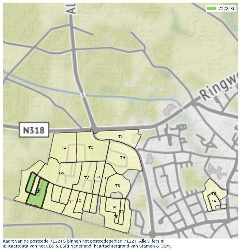 Afbeelding van het postcodegebied 7122 TG op de kaart.