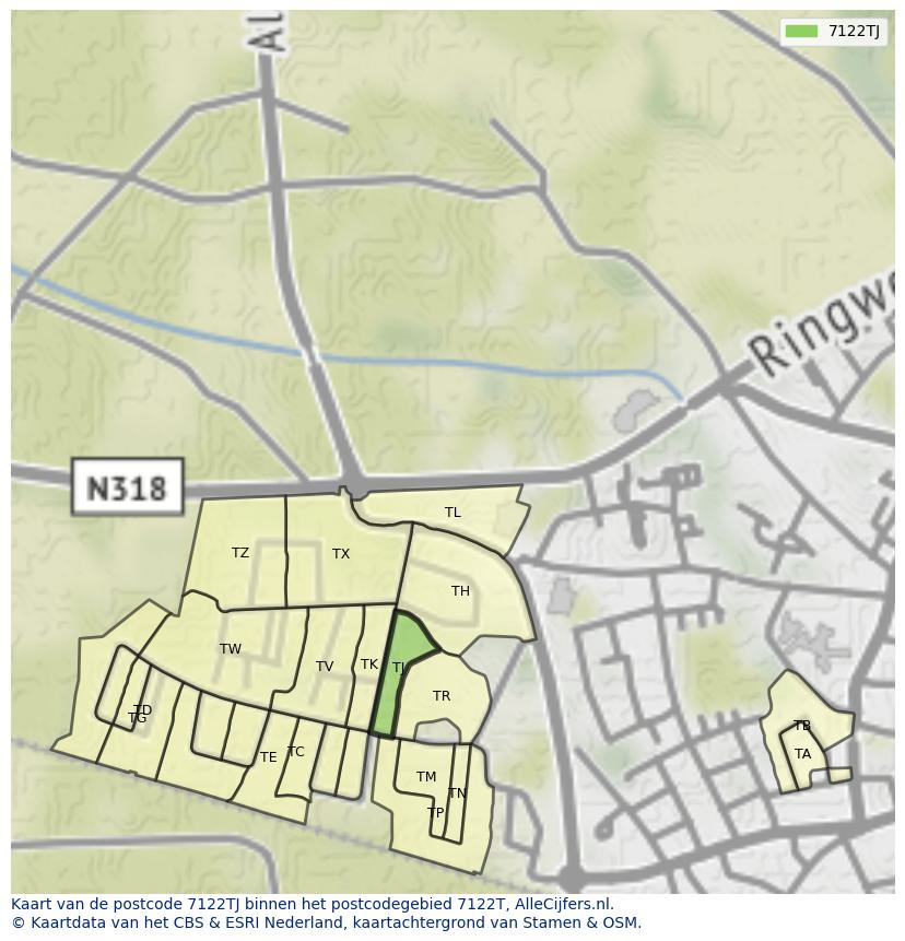 Afbeelding van het postcodegebied 7122 TJ op de kaart.