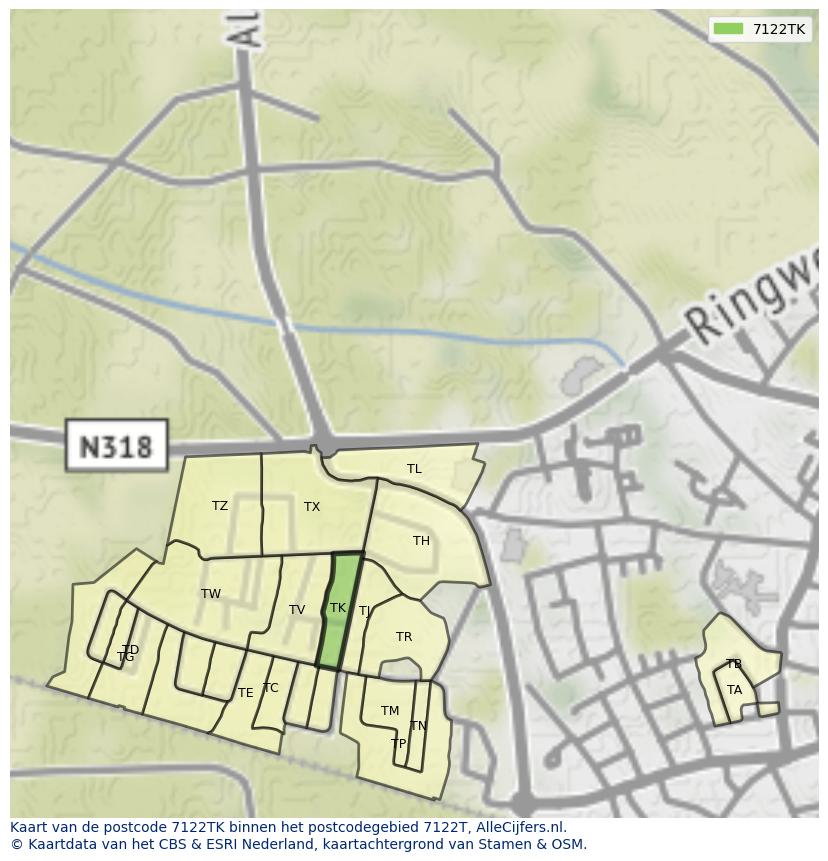 Afbeelding van het postcodegebied 7122 TK op de kaart.