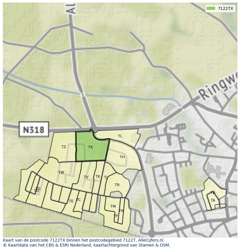Afbeelding van het postcodegebied 7122 TX op de kaart.