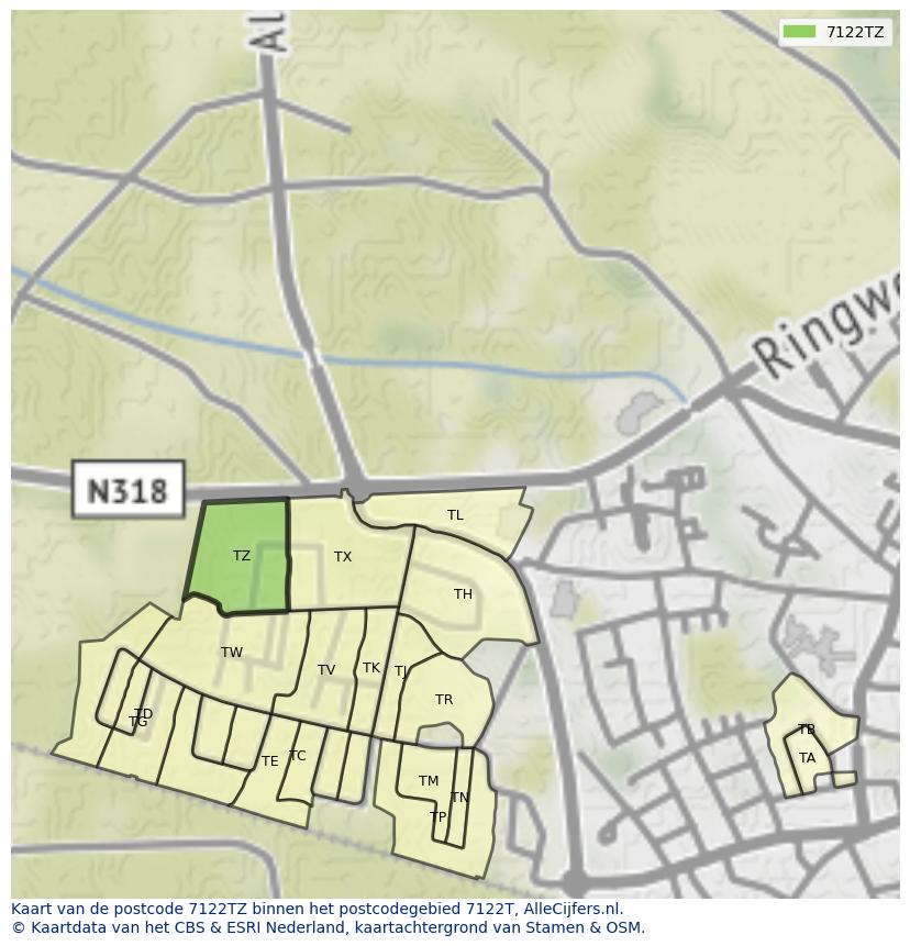 Afbeelding van het postcodegebied 7122 TZ op de kaart.