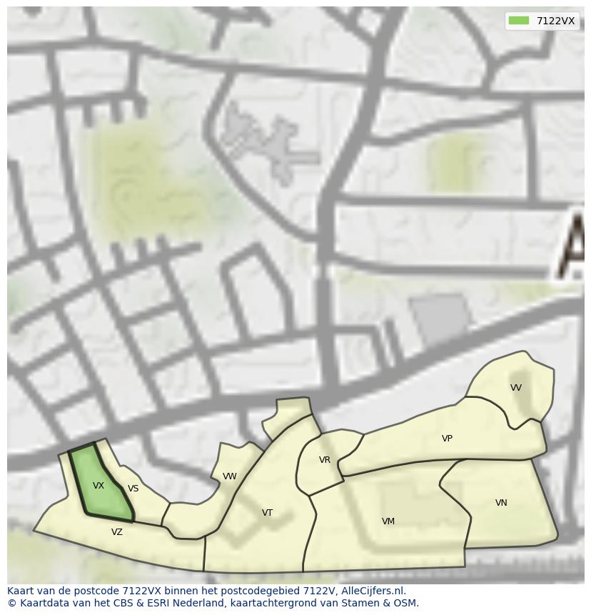 Afbeelding van het postcodegebied 7122 VX op de kaart.