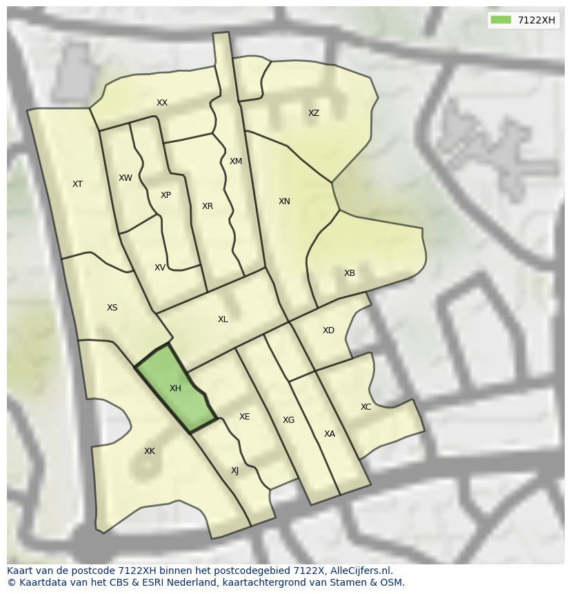 Afbeelding van het postcodegebied 7122 XH op de kaart.