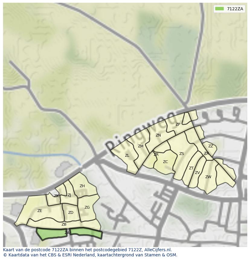 Afbeelding van het postcodegebied 7122 ZA op de kaart.