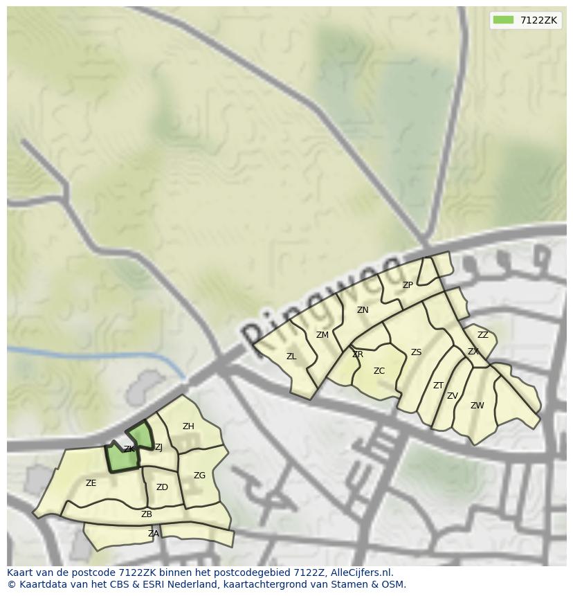 Afbeelding van het postcodegebied 7122 ZK op de kaart.