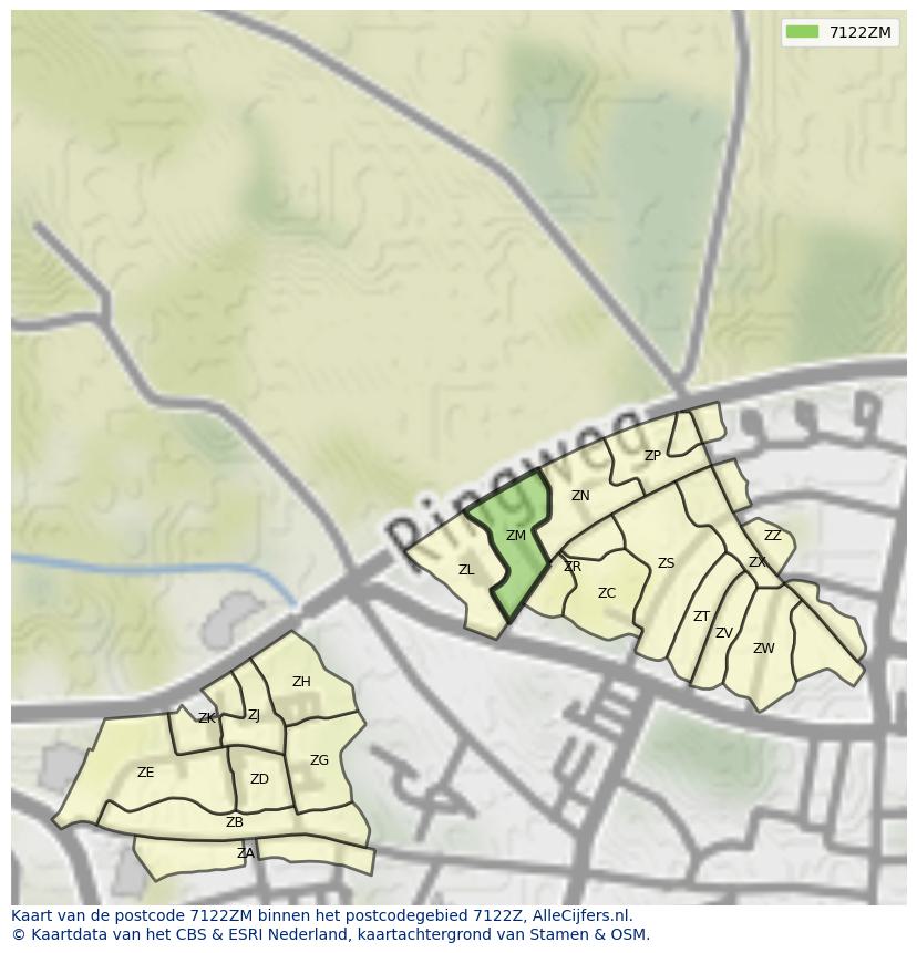 Afbeelding van het postcodegebied 7122 ZM op de kaart.