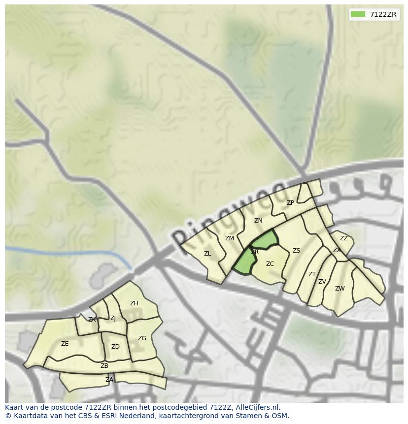 Afbeelding van het postcodegebied 7122 ZR op de kaart.