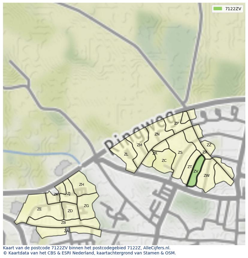 Afbeelding van het postcodegebied 7122 ZV op de kaart.