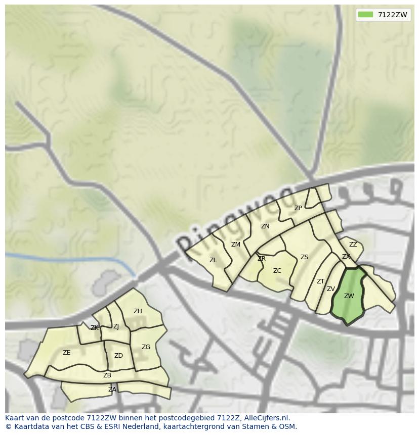 Afbeelding van het postcodegebied 7122 ZW op de kaart.