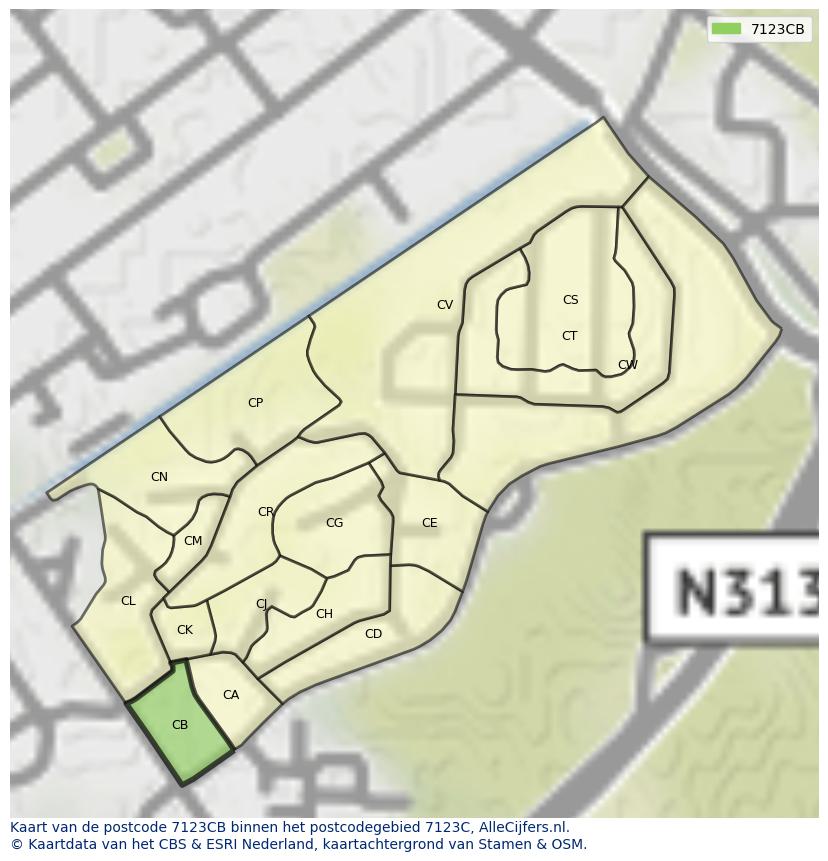 Afbeelding van het postcodegebied 7123 CB op de kaart.