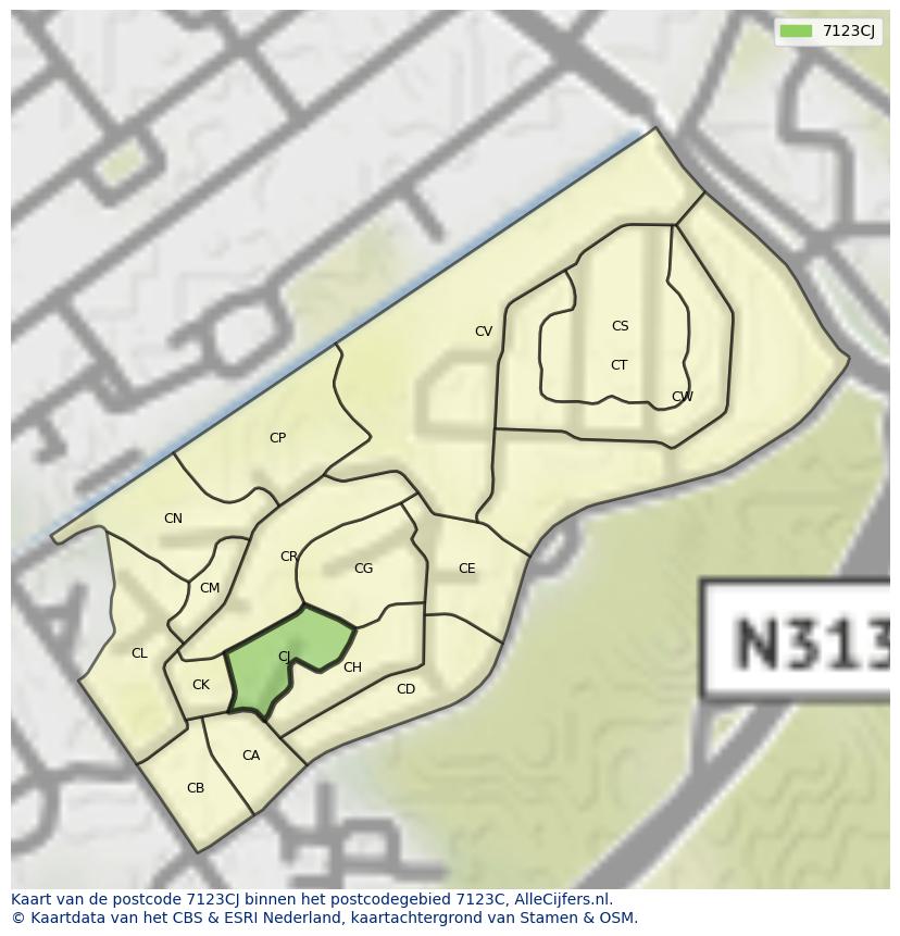 Afbeelding van het postcodegebied 7123 CJ op de kaart.