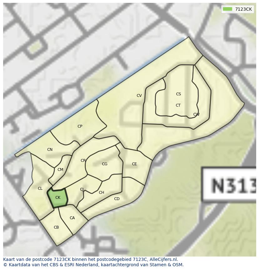 Afbeelding van het postcodegebied 7123 CK op de kaart.