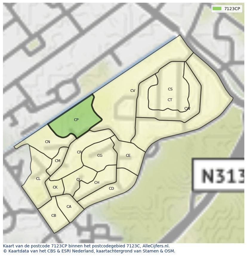 Afbeelding van het postcodegebied 7123 CP op de kaart.