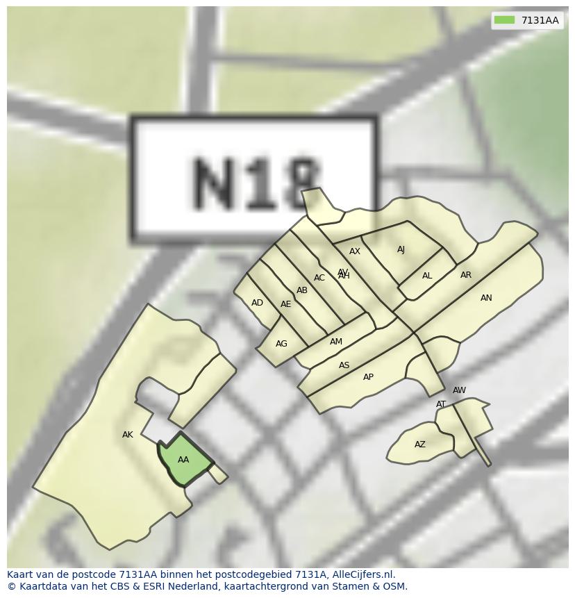Afbeelding van het postcodegebied 7131 AA op de kaart.