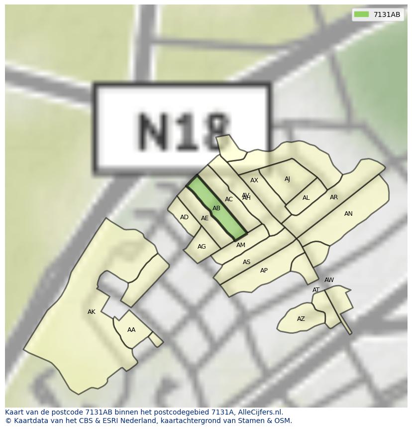 Afbeelding van het postcodegebied 7131 AB op de kaart.