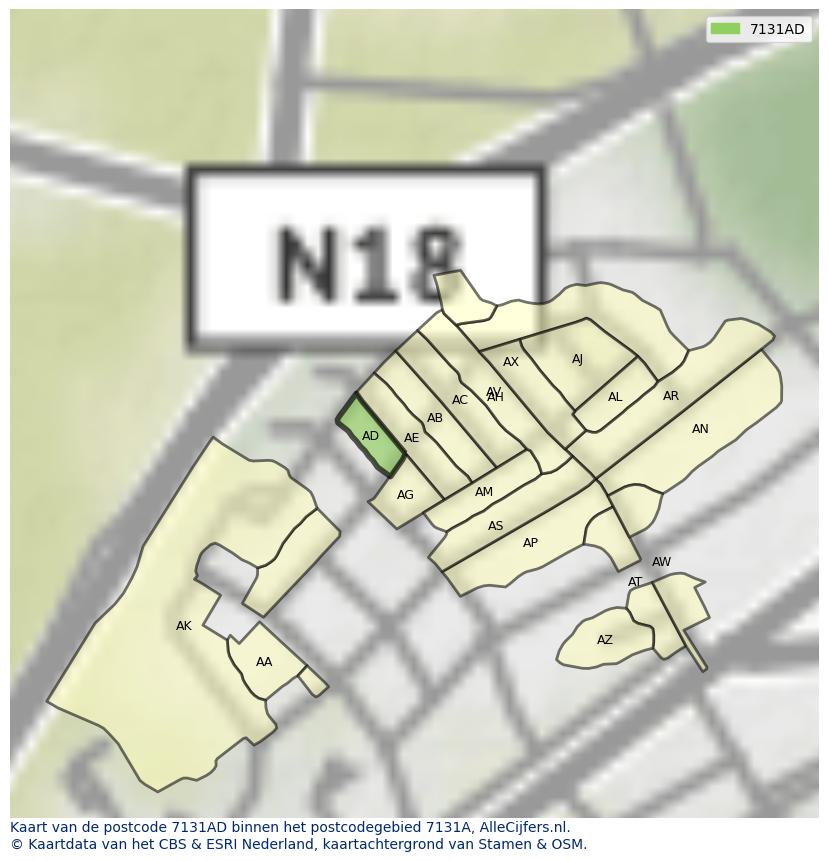 Afbeelding van het postcodegebied 7131 AD op de kaart.