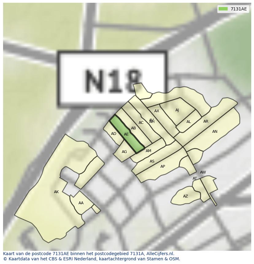 Afbeelding van het postcodegebied 7131 AE op de kaart.