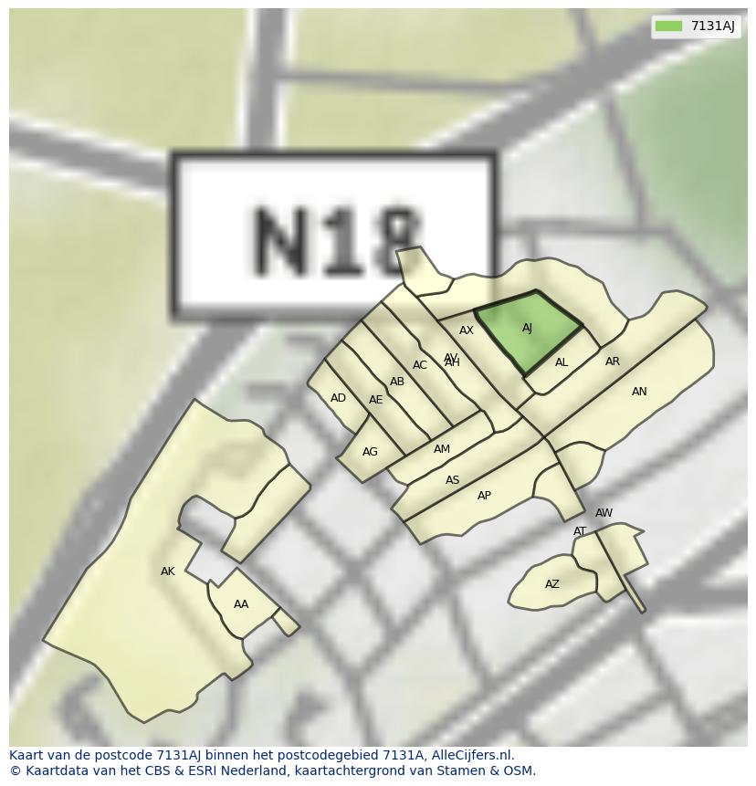 Afbeelding van het postcodegebied 7131 AJ op de kaart.