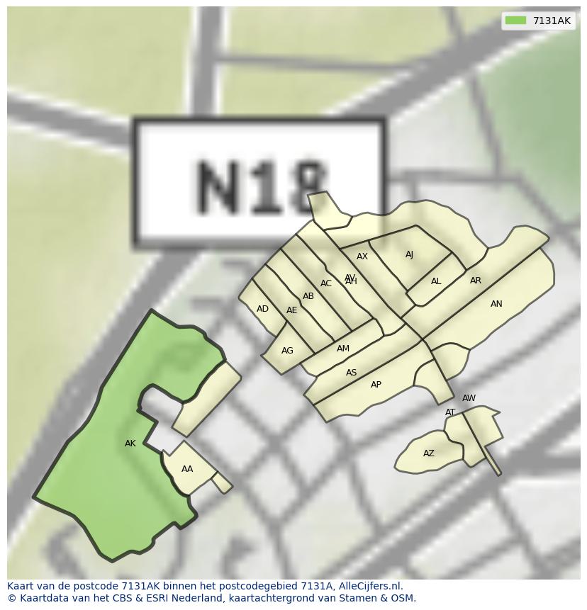 Afbeelding van het postcodegebied 7131 AK op de kaart.