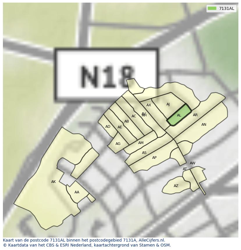 Afbeelding van het postcodegebied 7131 AL op de kaart.