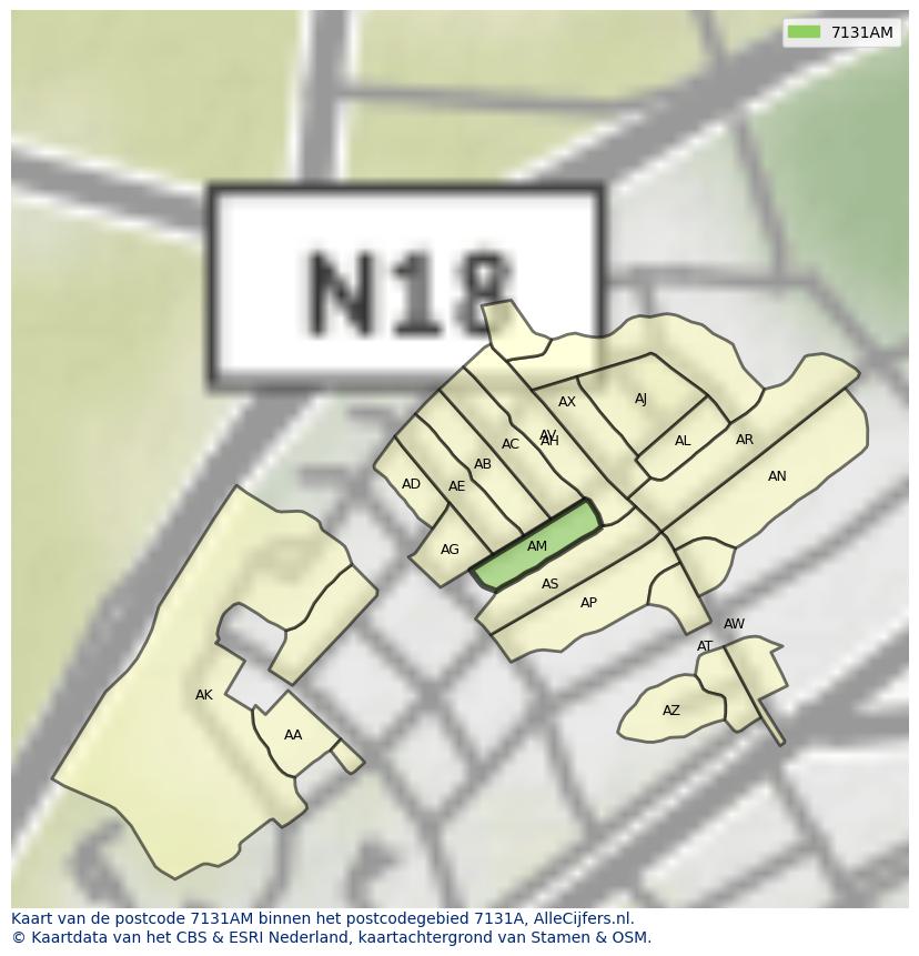 Afbeelding van het postcodegebied 7131 AM op de kaart.