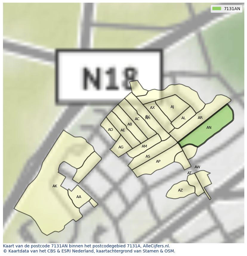 Afbeelding van het postcodegebied 7131 AN op de kaart.