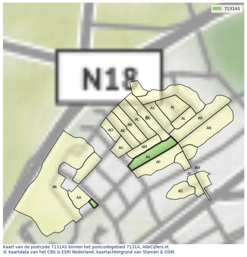 Afbeelding van het postcodegebied 7131 AS op de kaart.