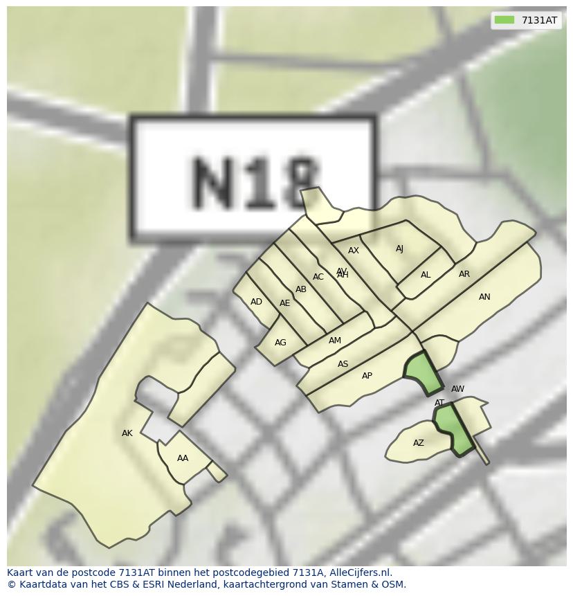 Afbeelding van het postcodegebied 7131 AT op de kaart.