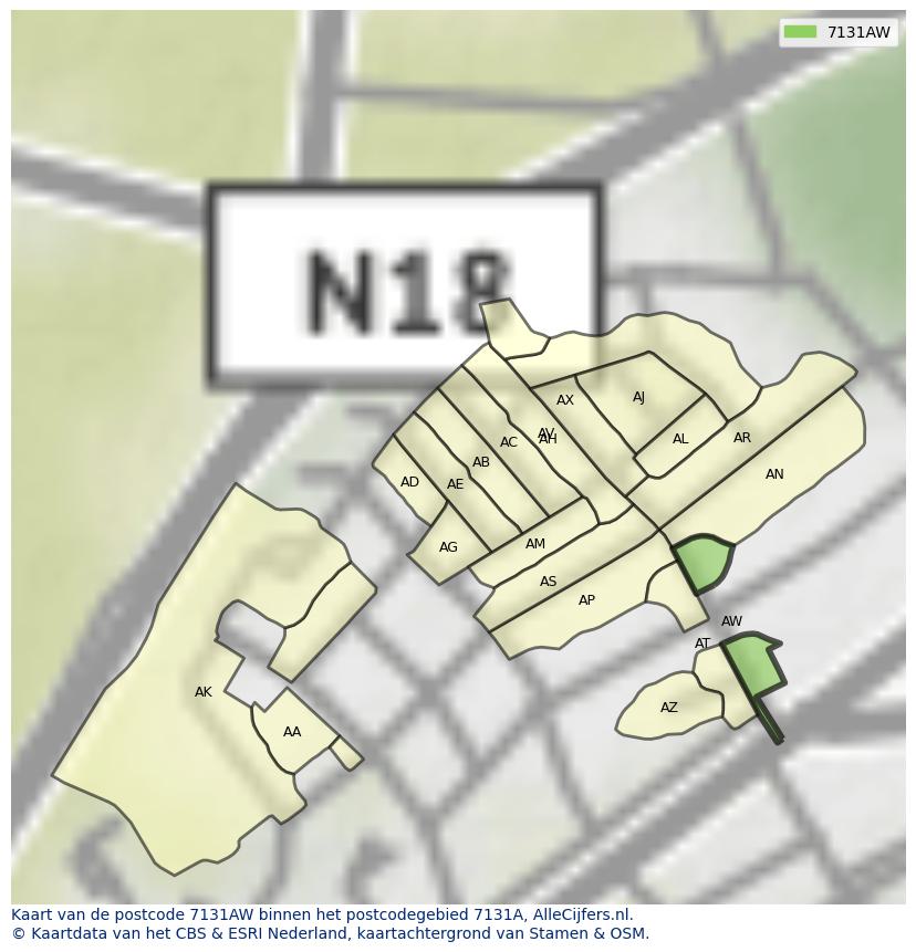Afbeelding van het postcodegebied 7131 AW op de kaart.
